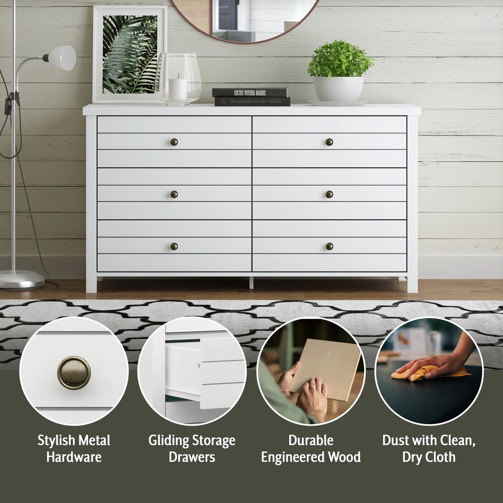 Living Essentials by Hillsdale Harmony Wood 6 Drawer Dresser, Matte White