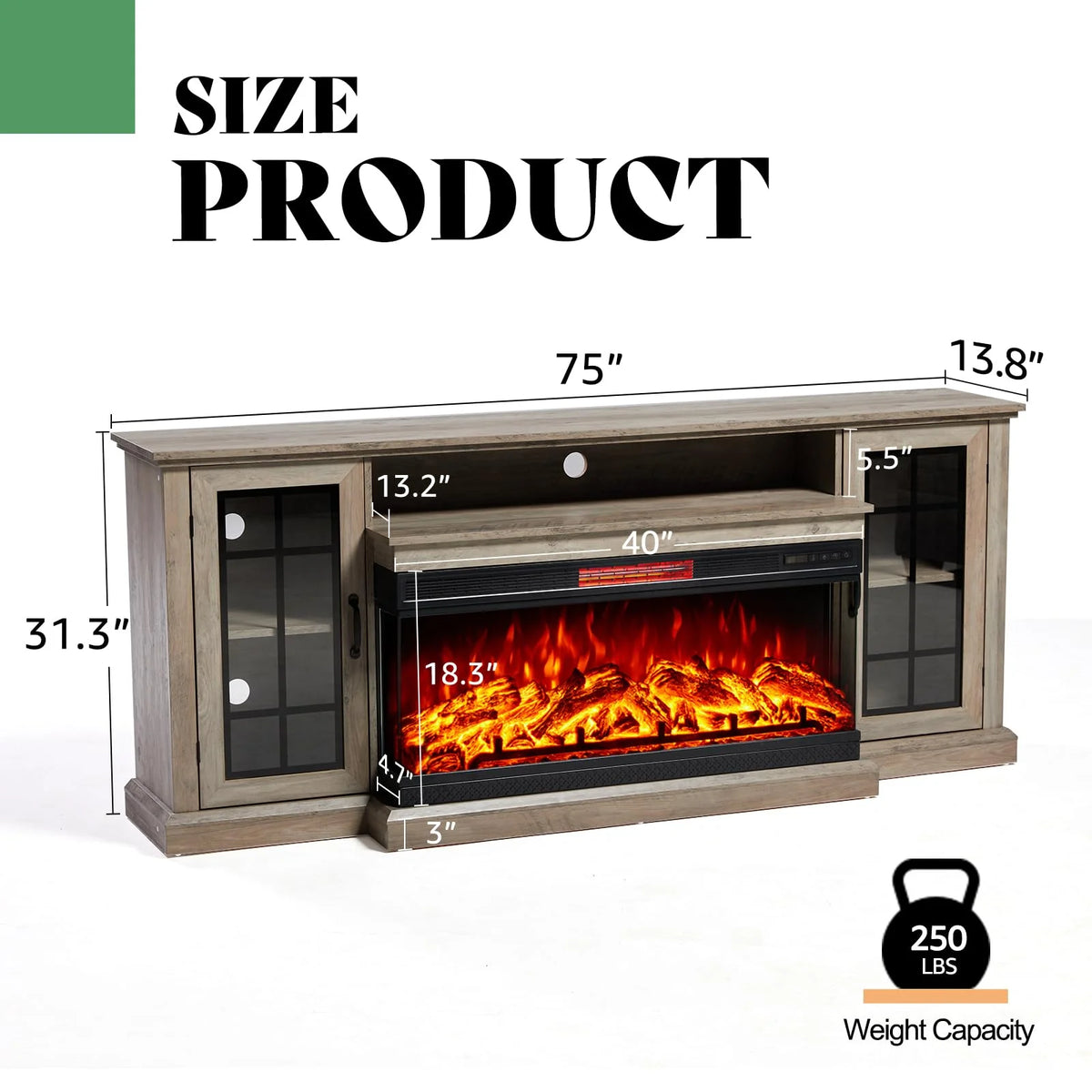 Merluxy 75in 3-Sided Glass Fireplace TV Stand for TVs up to 85", Distressed White