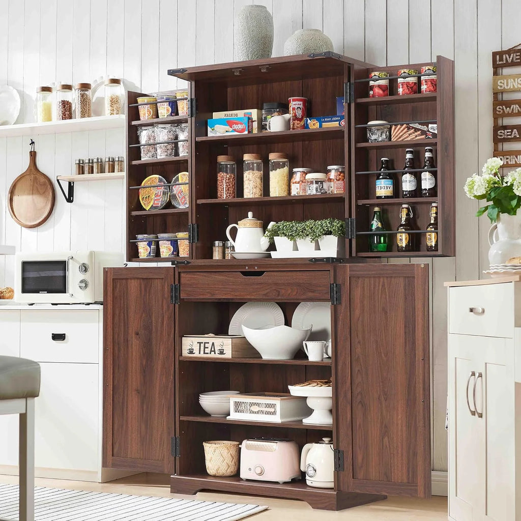 47" Kitchen Pantry, Farmhouse Storage Cabinet with Barn Doors, Organizer and Adjustable Shelves, Rustic Wood Cupboard for Kitchen, Dining Room, Bathroom and Hallway, Black