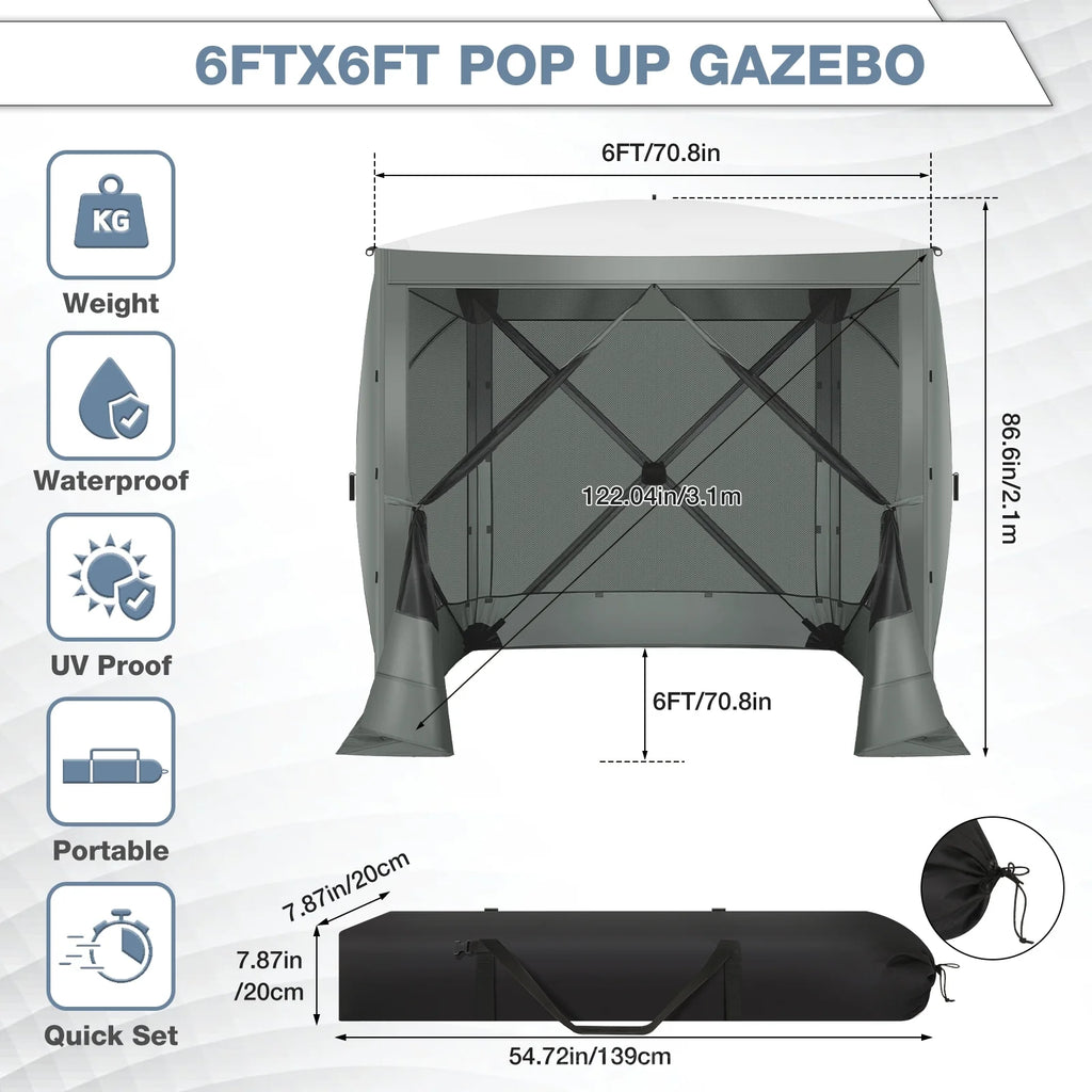 COBIZI 8x8 Pop up Gazebo Tent, Ez up Waterproof Screen Tent Screen House, Portable Outdoor Canopy Sun Shelter with 3 Sidewalls, Carry Bag & Ground Stakes for Camping, Garden and Picnics, Gray