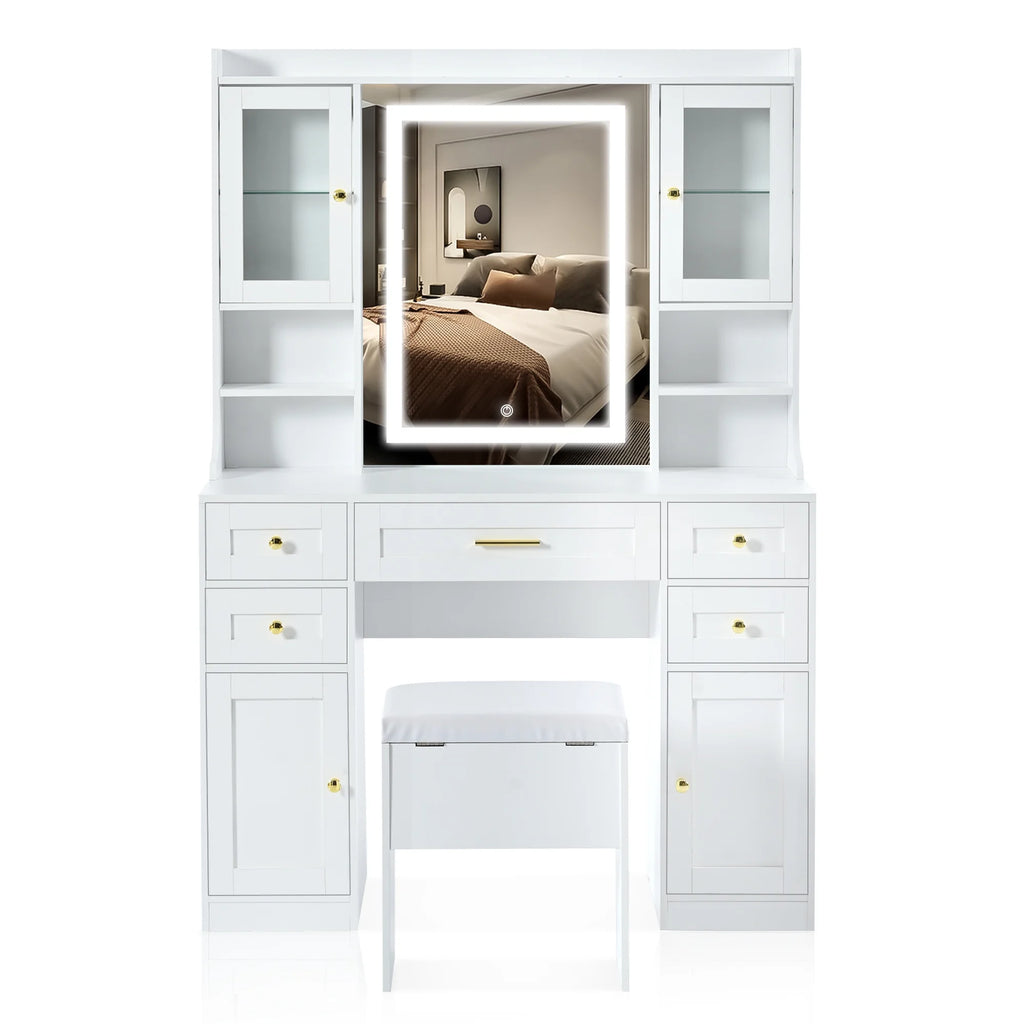 PORKISS Makeup Vanity with Mirror, Vanity Desk Set with 3 Colors Lights, Charging Station and Cushioned Storage Stool, Modern Dressing Table with 5 Drawers and 4 Cabinets for Bedroom, White