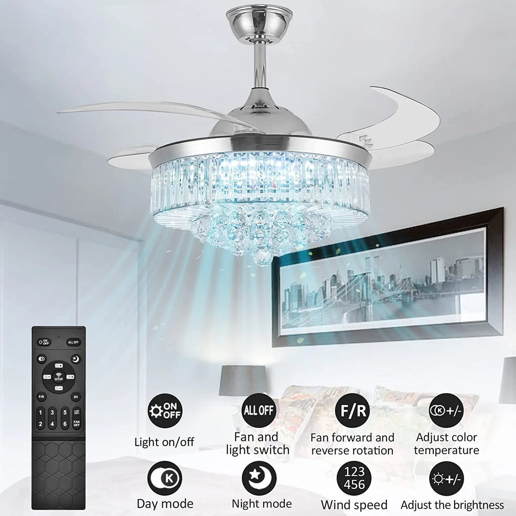 Datingday 42 Inch Crystal Ceiling Fan Golden Crystal Ceiling Fan Chandelier with Remote 6 Speeds 3 Colors Changes Lighting Fixture, 4 Blades Retractable Fans for Bedroom Living Room Dining Room