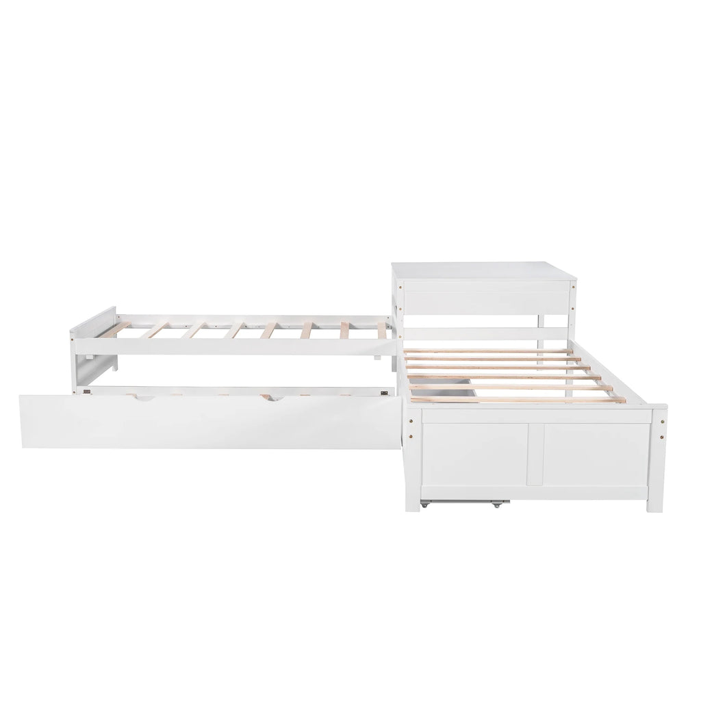 Euroco Wood Twin Size L-Shaped Platform Bed with Square Storage Table for Kids Teens, 2 Platform Beds with Trundle and Drawers for Living Room, 3 Twin Beds, Gray