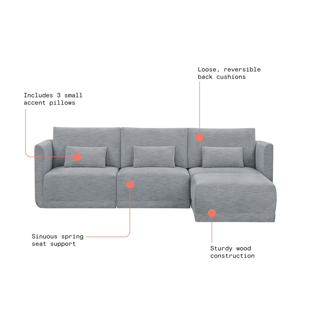Beautiful Drew Modular Sectional Sofa with Ottoman by Drew Barrymore, Gray Fabric