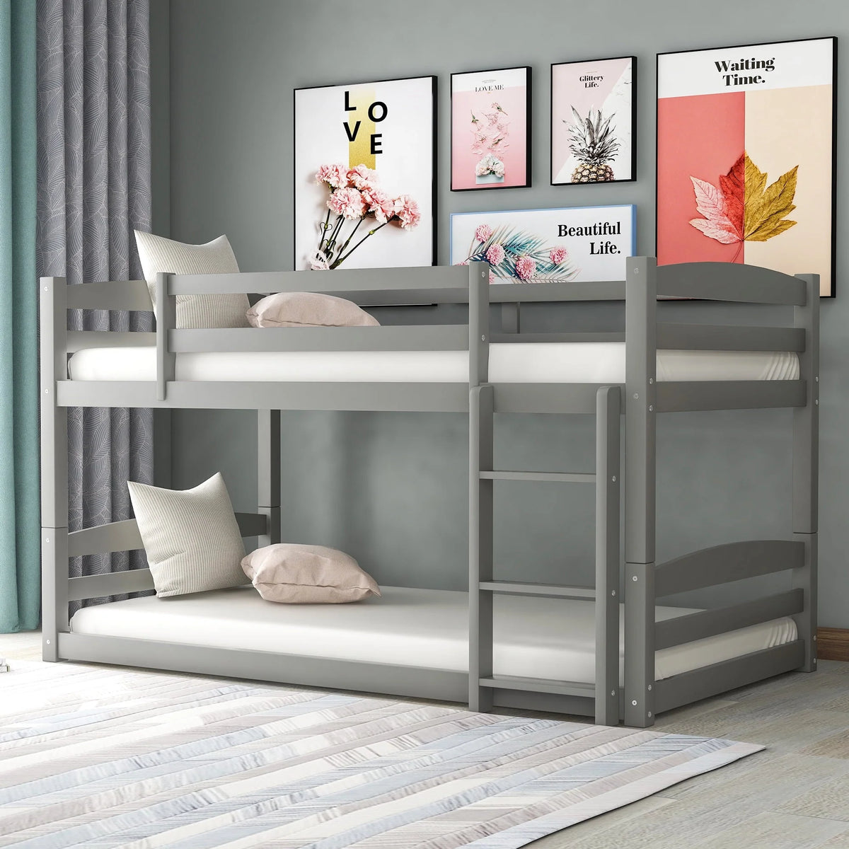 Merax Twin Over Twin Floor Bunk Beds with Ladder and Guardrail, Gray