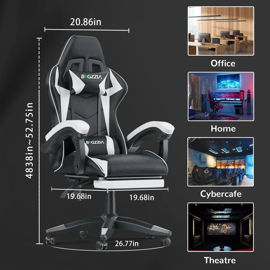 Bigzzia Gaming Chair Office Chair, Ergonomic Game Chair with Height Adjustable Headrest and Lumbar Support for Adults Teens, Black & White