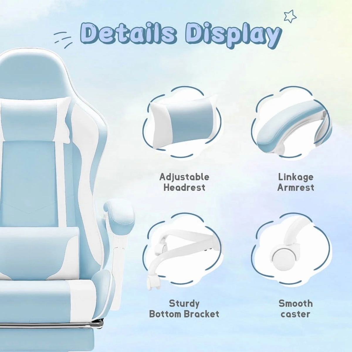 Lacoo PU Leather Gaming Chair Massage Ergonomic Gamer Chair Height Adjustable Computer Chair with Footrest & Lumbar Support, White