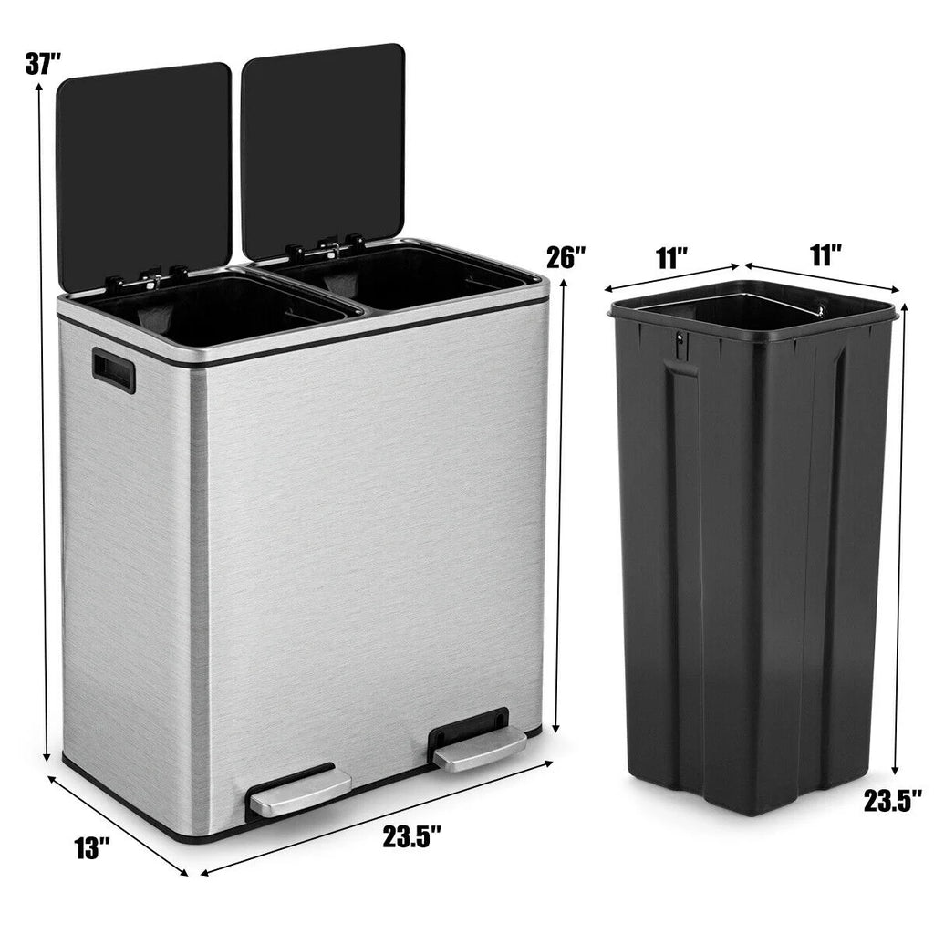 Gymax 16 Gallon Dual Step Trash Can Recycling Stainless Steel Double Bucket Pedal Bin