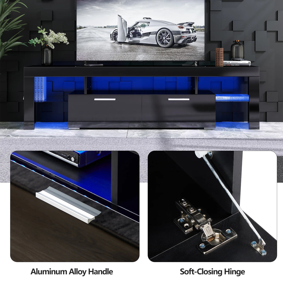 UHOMEPRO TV Stand for TV up to 70", Living Room Entertainment Center with RGB LED Lights and Storage Shelves Furniture, White High Gloss TV Cabinet Console Table