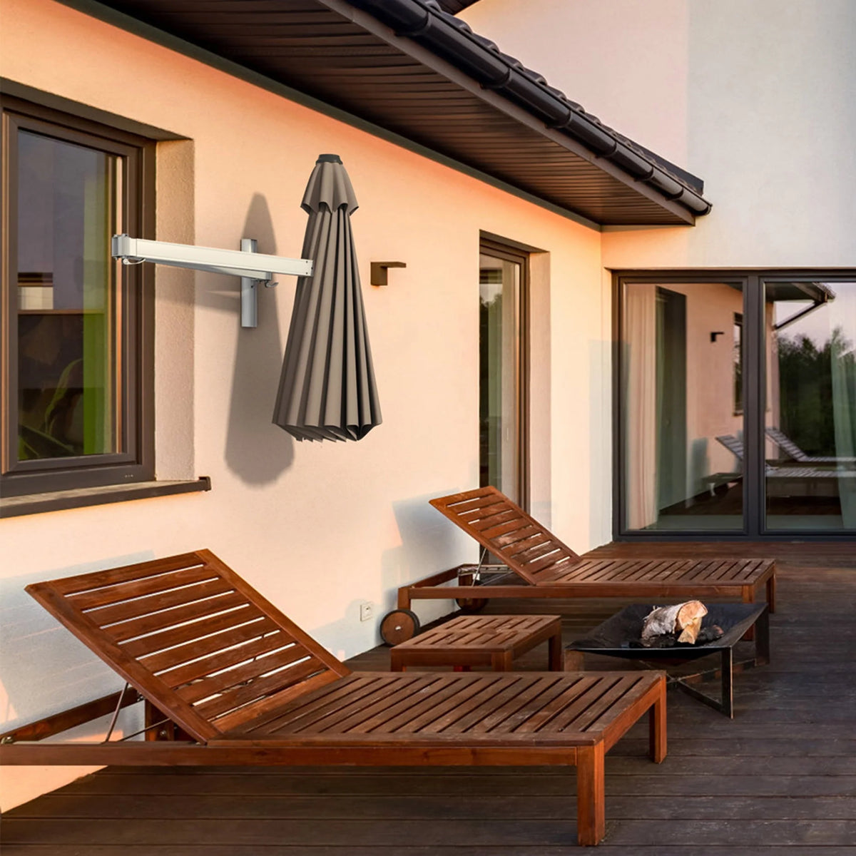 Gymax 8FT Patio Wall Mounted Cantilever Umbrella Parsol w/ Adjustable Pole Tan