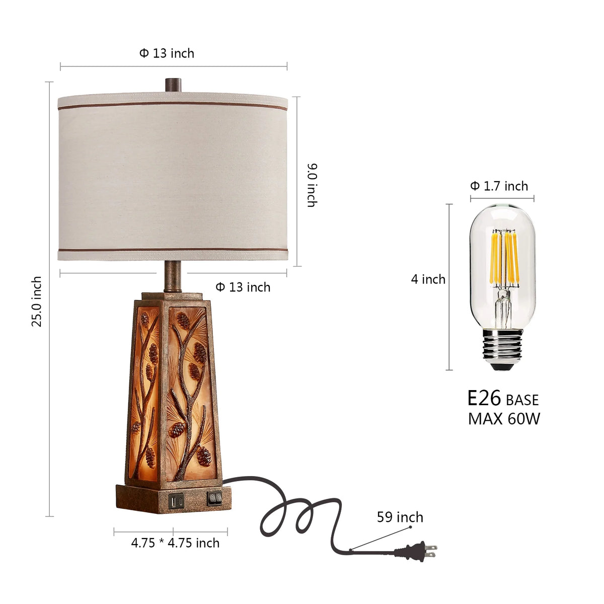 RORIA 24a?? Modern Living Room Table Lamp 2-Piece Set with 2 USB Charging Ports, Built-in White Frosted Glass with Night Light, Black Vintage Rustic Farmhouse Lamp for Bedroom Nightstand Lamps
