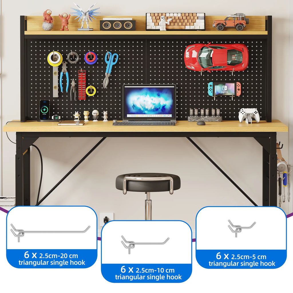 DEXTRUS Multifunctional Workbench with Wheels, 59.1" x 23.6" with Pegboard Worktable w/ Power Outlets, A3 Steel Work Bench For Garage max. Heavy Duty Workbench 2000lbs Weight Capacity