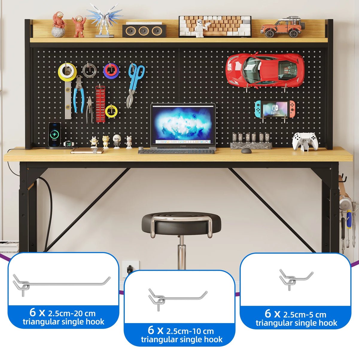 DEXTRUS Multifunctional Workbench with Wheels, 59.1" x 23.6" with Pegboard Worktable w/ Power Outlets, A3 Steel Work Bench For Garage max. Heavy Duty Workbench 2000lbs Weight Capacity