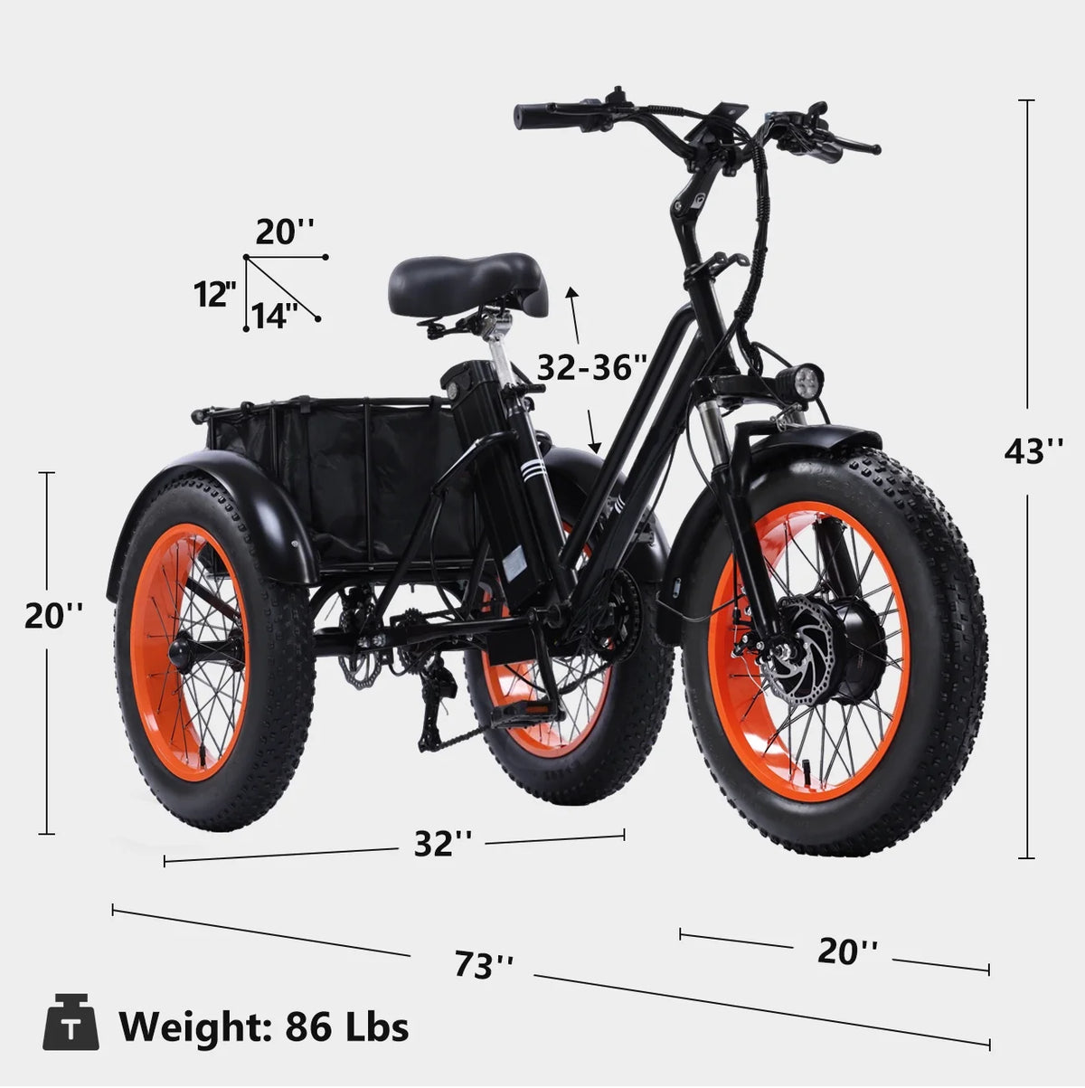YEBEI Electric Tricycle for Adults Folding E-Trike Motorized Tricycle Electric 3 Wheels Trike Powerful 500W Motor Electric Tricycle 48V15AH Lithium Battery Max 20MPH 20*4.0” Fat Tire Orange