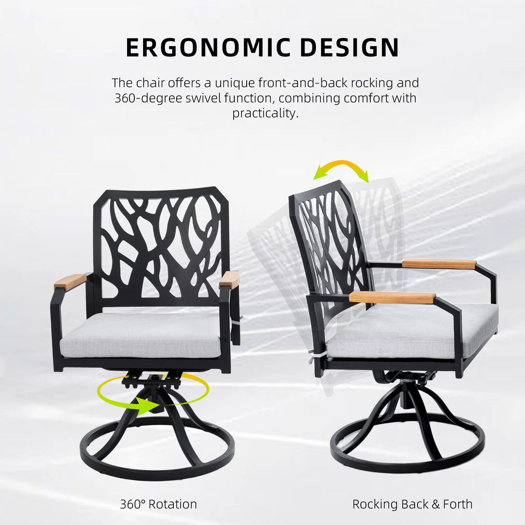 Outdoor Patio K/D Aluminum Stationary Dining Chairs 2PCS with Outdoor-grade Sunbrella Fabric Cushions, Branch-Like Backrest ,FSC-Certified Wood Armrests, Bourbon Brown