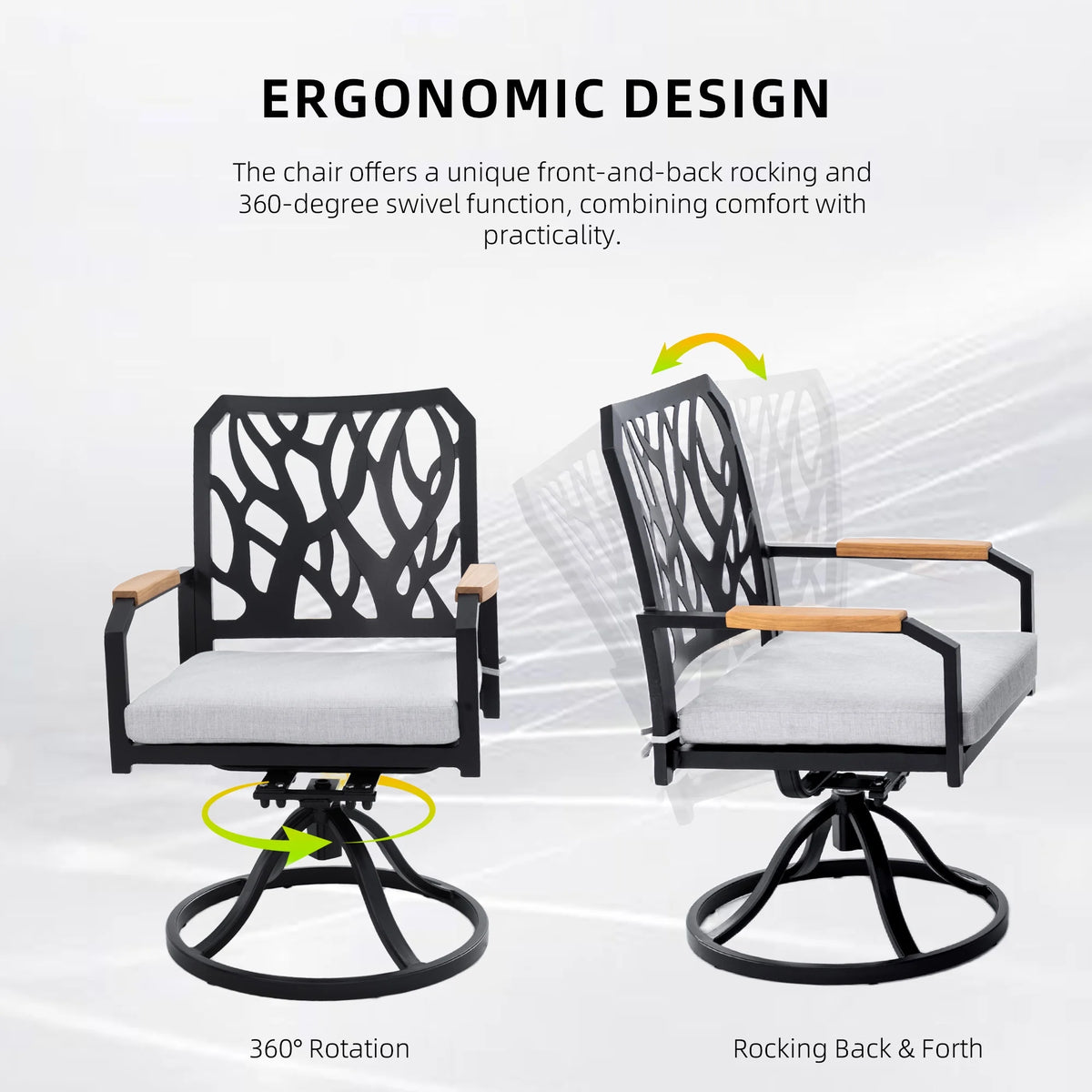 Outdoor Patio K/D Aluminum Stationary Dining Chairs 2PCS with Outdoor-grade Sunbrella Fabric Cushions, Branch-Like Backrest ,FSC-Certified Wood Armrests, Bourbon Brown