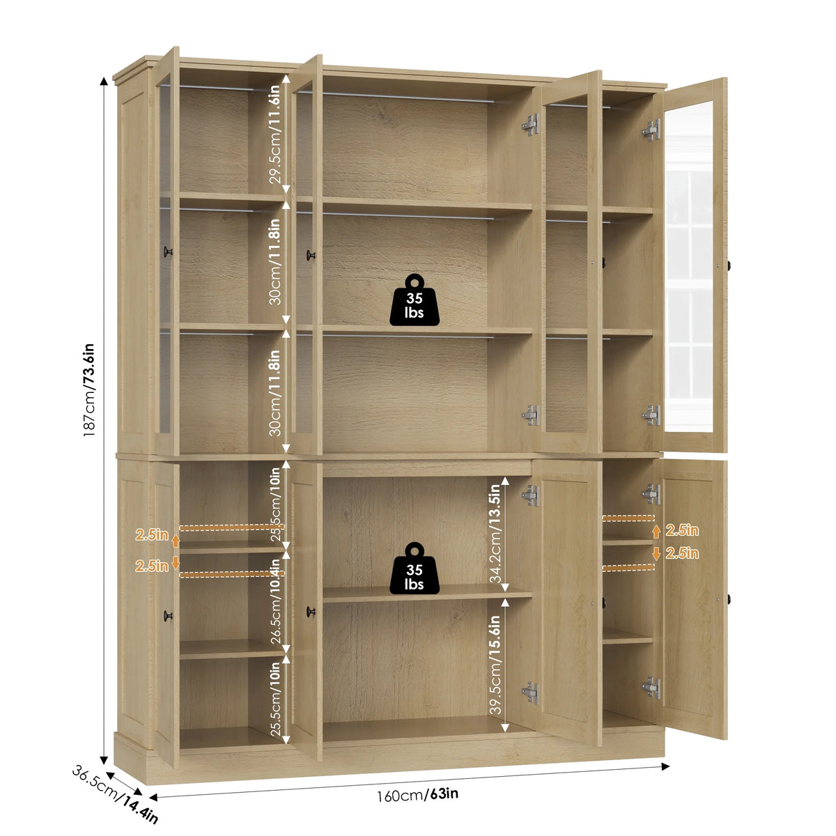 Homfa Kitchen Pantry Cabinet with Glass Doors, 74���� Tall Display Cabinets with LED & Adjustable Shelves for Living Room Office, White
