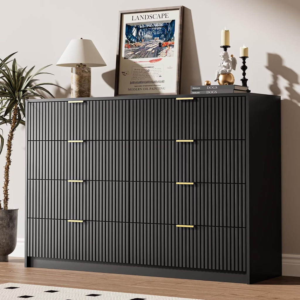 Furniway Black Dresser for Bedroom, 8 Drawer Double Dresser, Modern Chest of Drawers for Bedroom, Living Room, Entryway and Closet, 55" L x 15.7" D x 37.4" H