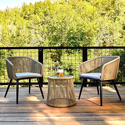 Patio Furniture Set, 3-Piece Outside Bistro Set Handwoven Rattan Wicker Chairs with Waterproof Cushions, Tempered Glass Table, Outdoor Conversation Set for Porch, Brown & Light Grey