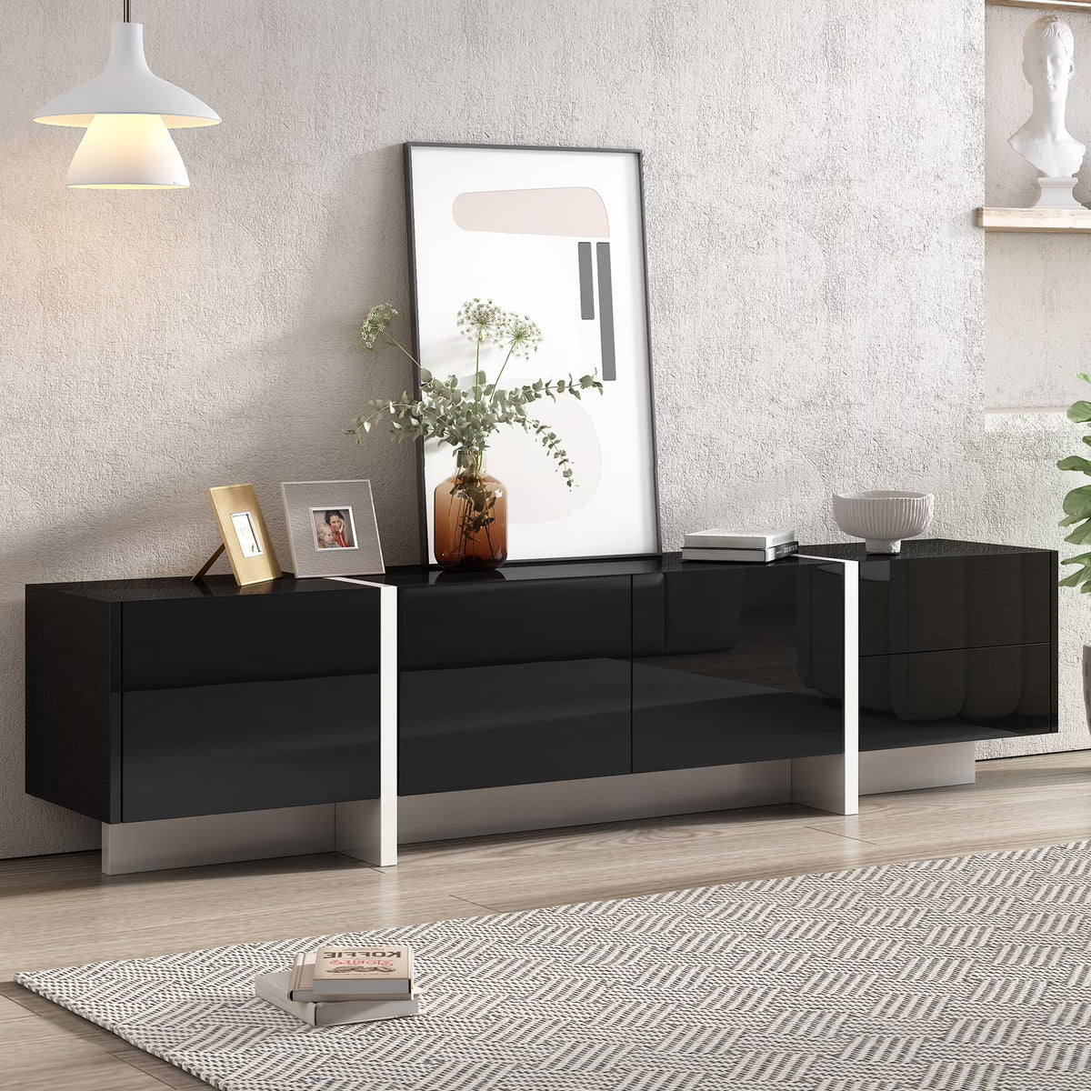 EUROCO Mid-Century Modern TV Stand Up to 80" Contemporary Rectangle ,Unique Style TV Console Table with Cabinet&High Gloss UV Surface for Living Room Bedroom
