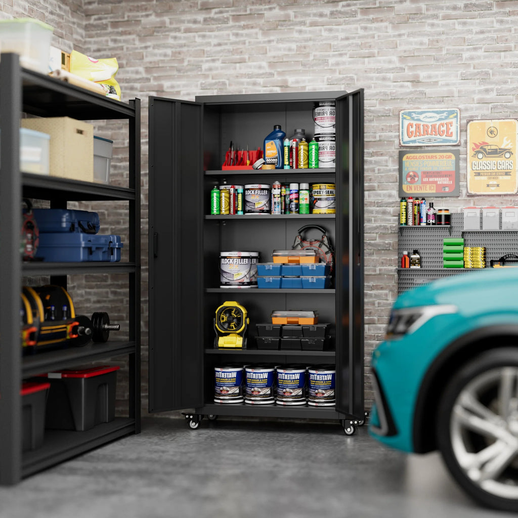 SUPEER 71" Metal Storage Cabinets with Wheels and Pegboards, Industrial Cabinet with 2 Drawers and 2 Adjustable Shelves,, Assembly Required