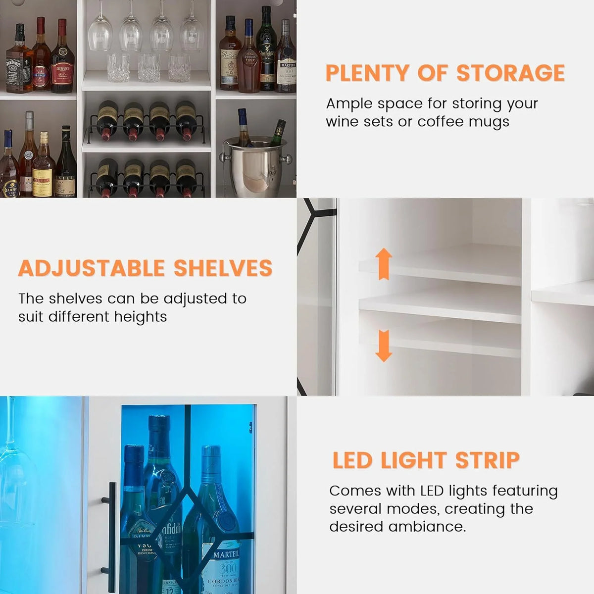 FOLDLIFE Wine Bar Cabinet with LED Lights, Liquor Cabinet Bar with Storage Cabinet, Coffee Cabinet with Bottles and Glass Rack, Buffet Sideboard with Storage Cabinet&Drawers,Dark Grey