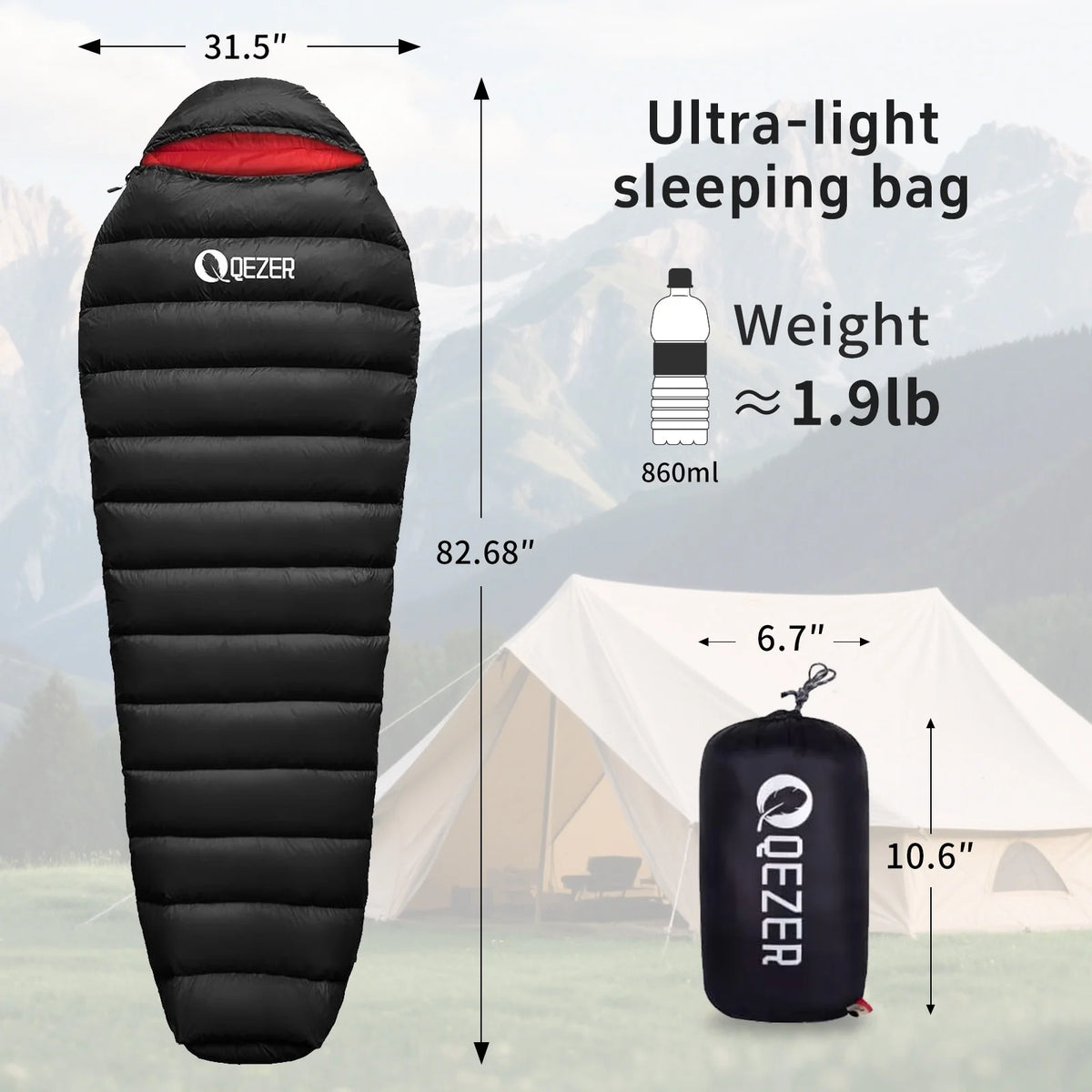 QEZER Ultralight Down Sleeping Bag for Adults, 650FP, 860g, 3-Season Compact for Backpacking & Camping, 36��F-46��F