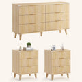 GIKPAL Bedroom Dresser and Nightstand 3 Piece Set - Includes Boho Double 6 Drawer Storage Dresser, Nightstand Set of 2 with Charging Station, Modern Bedroom Set, Natural
