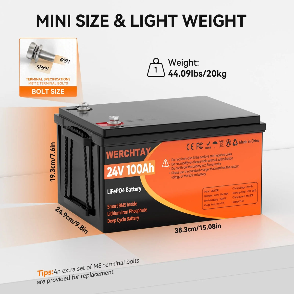 24V 100Ah LiFePO4 Battery, Lithium Battery Built-in 100A BMS, 4000 Deep Cycles Rechargeable Battery, Max. 2560W Load Power, Perfect for RV, Solar, Marine, Overland/Van, Off-Grid