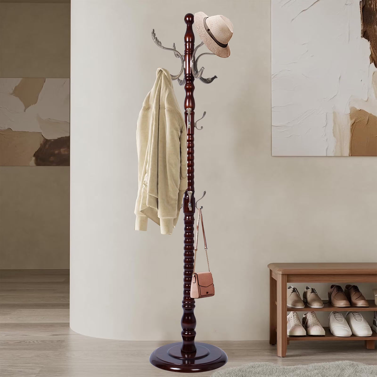Coat Rack Freestanding, Hall Tree with 11 Hooks, Heavy Duty Wooden Coat Tree Stand, Adjustable Height, Sturdy Base for Bedroom Hallway Office - Load 270lbs