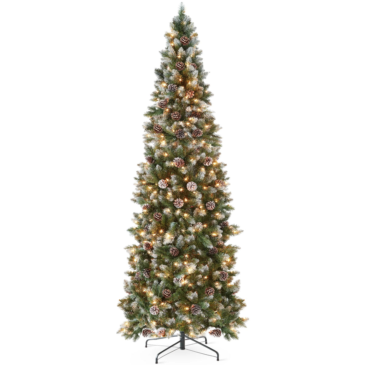 Best Choice Products 6ft Pre-Lit Partially Flocked Pencil Christmas Tree w/ 250 Lights, Pine Cones, Foldable Stand