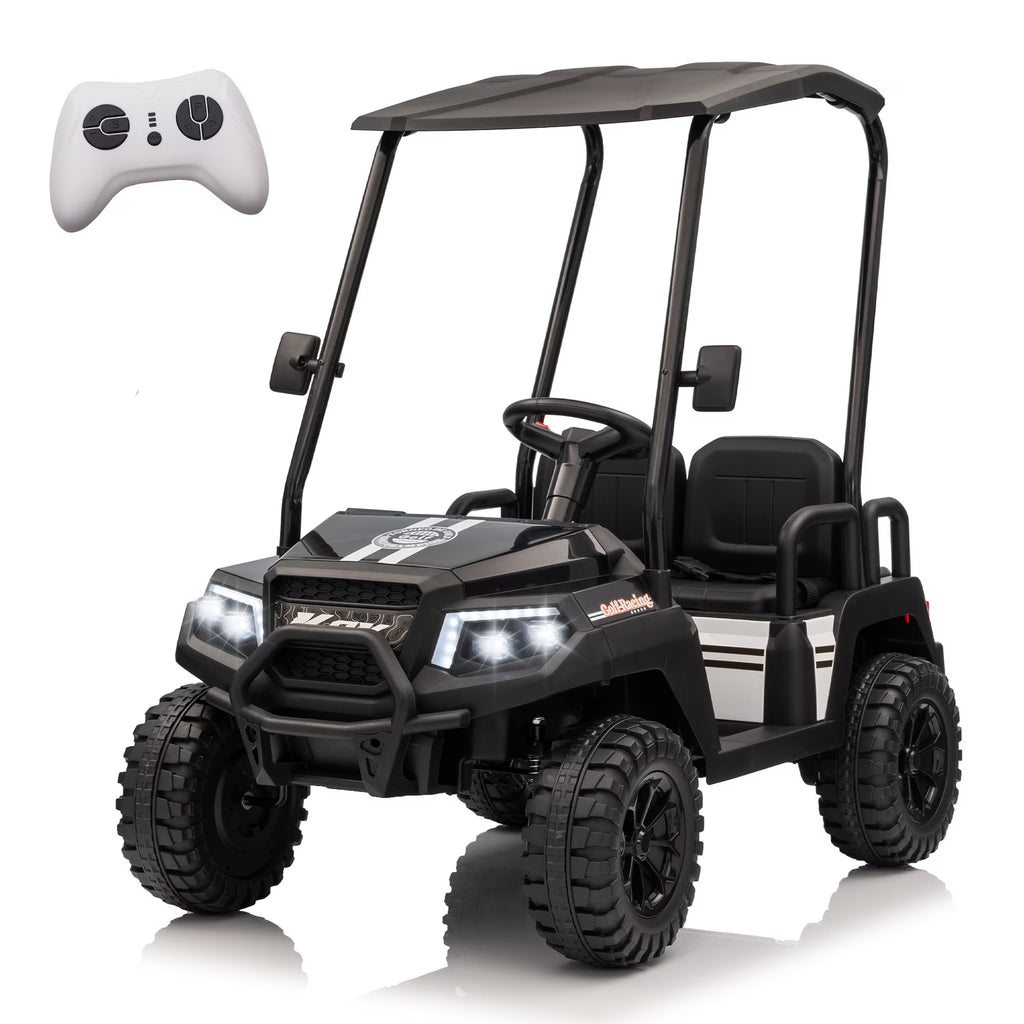24V XL Kids Ride on Golf Cart, Electric Car w/Remote Control, Detachable Awning, 4 Seats, 3 Speeds, LED Lights, Spring Suspension, Bluetooth, Audio, Blue