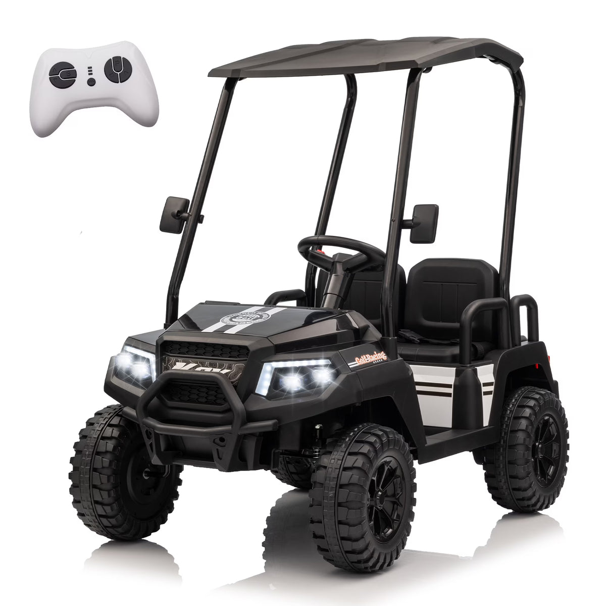 24V XL Kids Ride on Golf Cart, Electric Car w/Remote Control, Detachable Awning, 4 Seats, 3 Speeds, LED Lights, Spring Suspension, Bluetooth, Audio, Blue