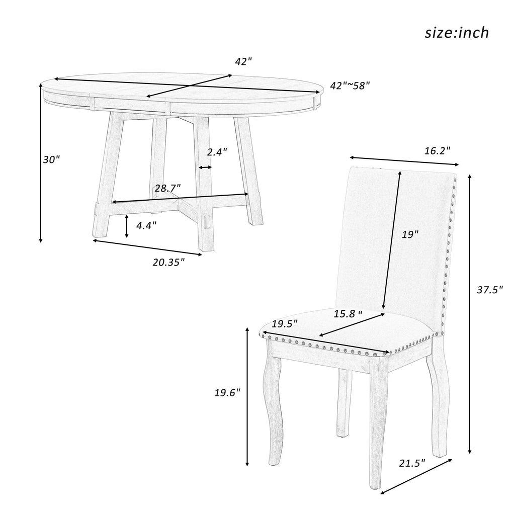 Harper & Bright Designs Round Extendable Dining Table Set for 4, 5 Piece Farmhouse Wood Dining Table Set with 4 Upholstered Dining Chairs, Natural Wood Wash