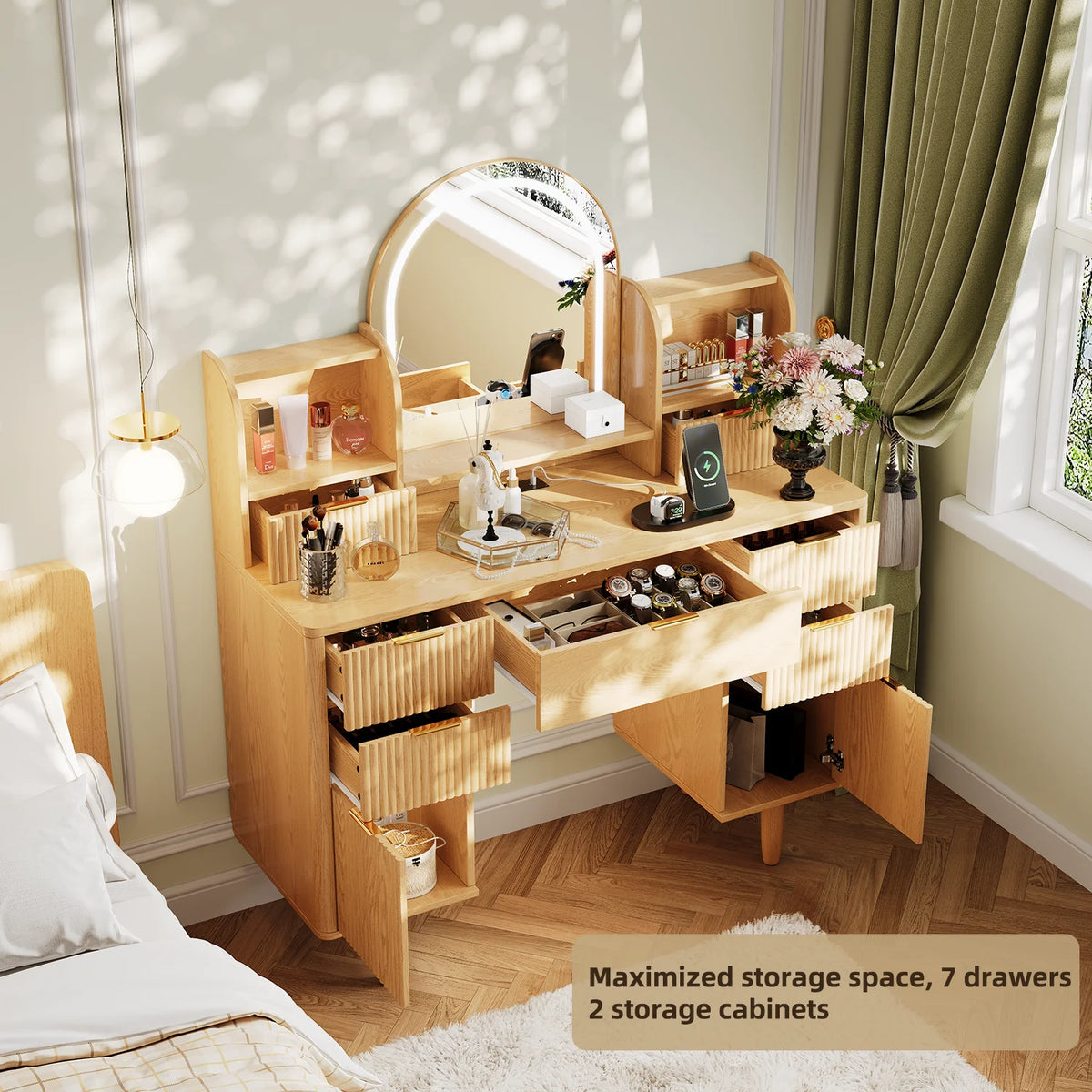 UGTOO 45.2" Modern Vanity Desk with LED Mirror & USB Charging, Wood Makeup Dressing Table with 7 Drawers for Bedroom