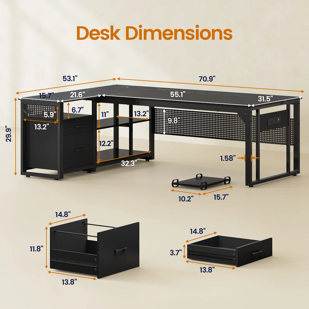 71" Executive Desk with Power Outlets, Modern L Shaped Office Desk with File Drawers and Pegboard, Large Computer Desk, Rustic Brown