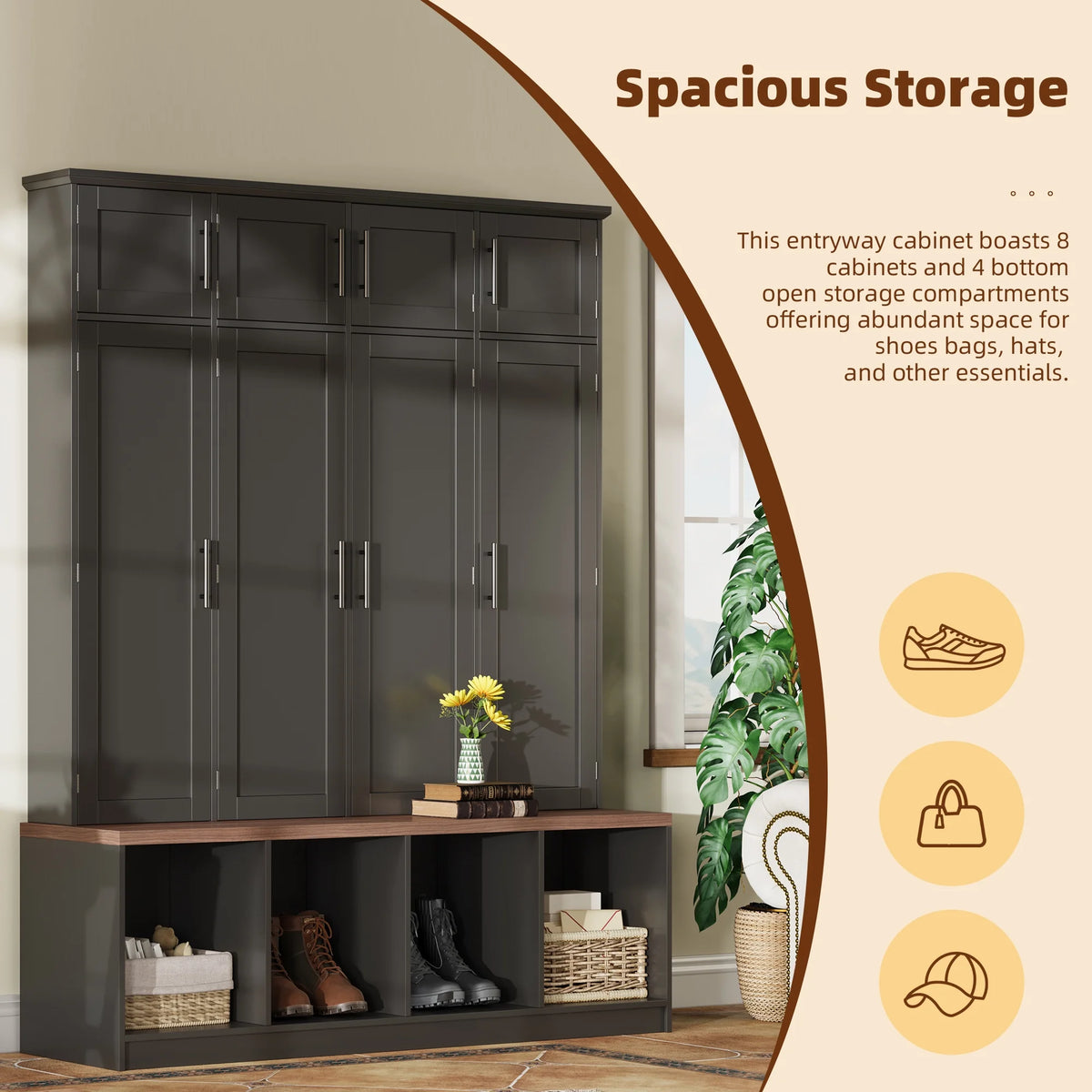 Euroco Entryway Hall Tree with Bench, Shoe Storage, Coat Hooks & Cabinets �C Walnut Finish, Anti-Tip Design, Modern Mudroom Organizer