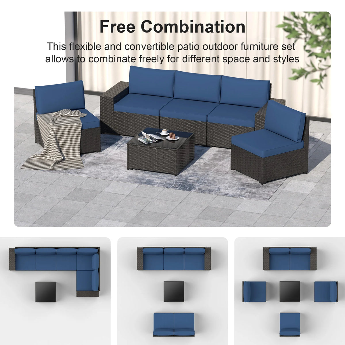 8 Piece Patio Furniture Set with 42" Propane Gas Fire Pit Table with Coffee Table,Blue