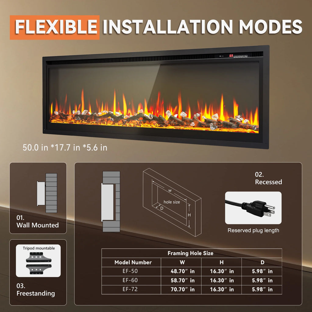 Simzlife 50 inch Indoor Electric Fireplace, Wall Mounted Recessed Freestanding Fireplace with Remote Control, Fireplace Heater with Adjustable Flame Color, Linear Fireplace with Timer