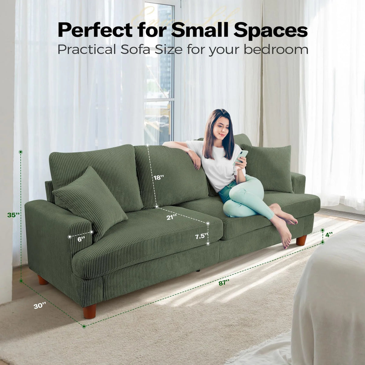 87" Corduroy Sofa,3 Seater Sofa with Extra Deep Seats,Neche Comfy Upholstered Couch for Living Room,2 Pillows,Green