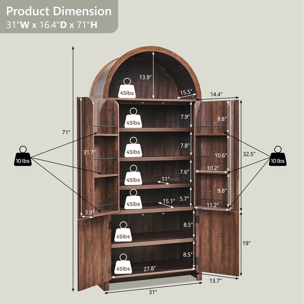 IFGET 71-Inch Arched 4-Tier Bookcase with Glass Doors and Drawers
