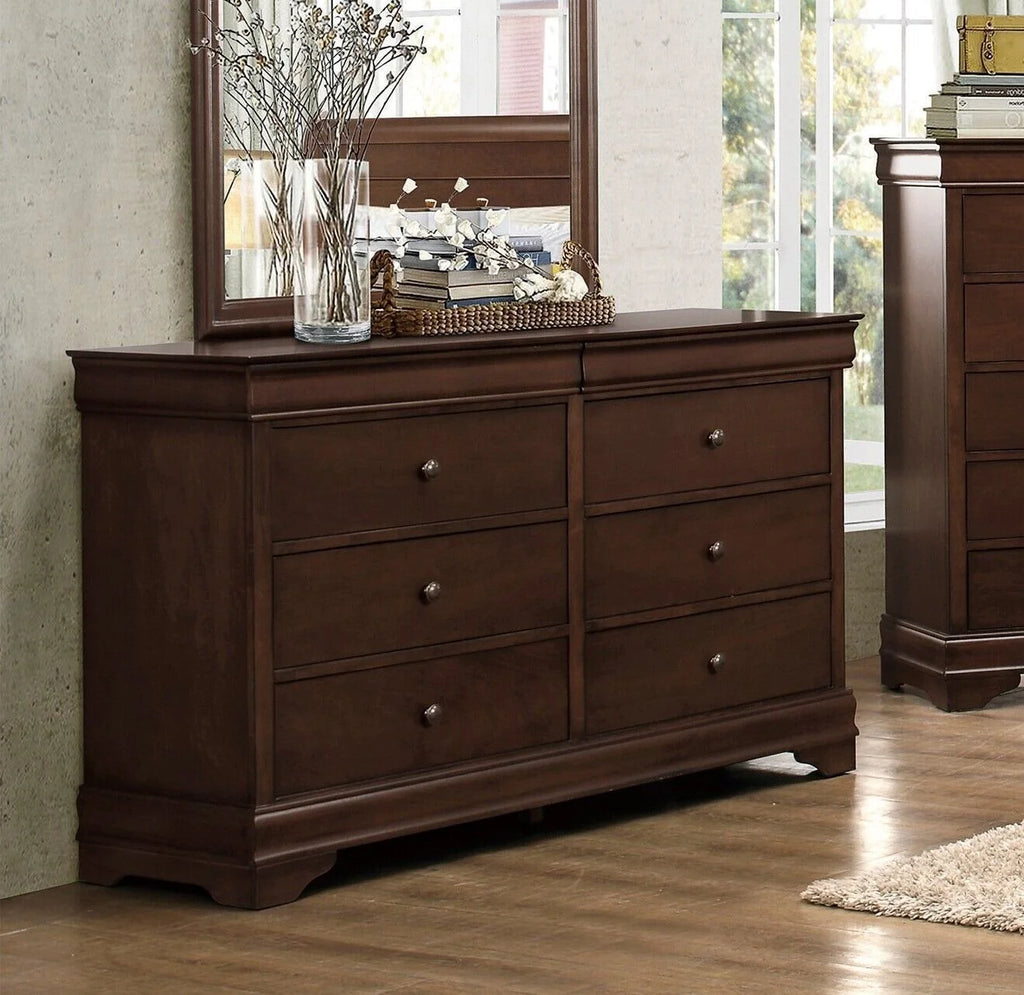 6pc Classic Style Full Sleigh Bed Dresser Mirror Nightstand Chest Wooden Bedroom Furniture Set Brown Cherry Finish
