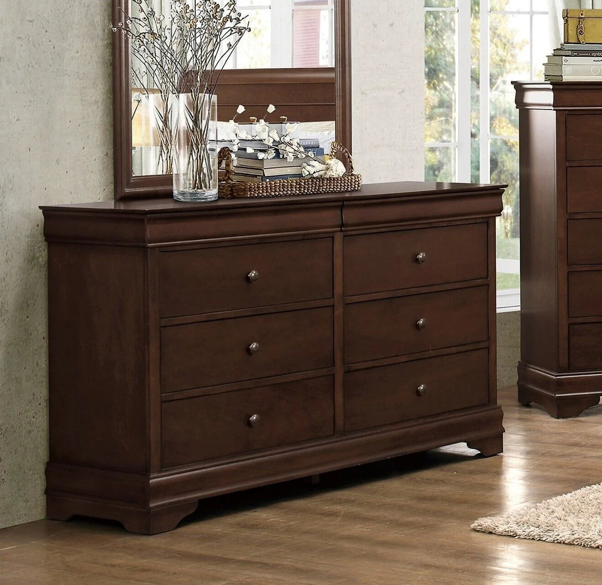 6pc Classic Style Full Sleigh Bed Dresser Mirror Nightstand Chest Wooden Bedroom Furniture Set Brown Cherry Finish