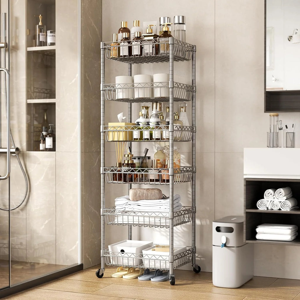 6 Tier Wire Shelving Unit with Wheels Baskets Storage Rack Corner Shelves Adjustable Shelf Closet Bathroom Organizers Metal Pantry Kitchen Garage Laundry Room 13.5" D x 13.5" W x 63" H White