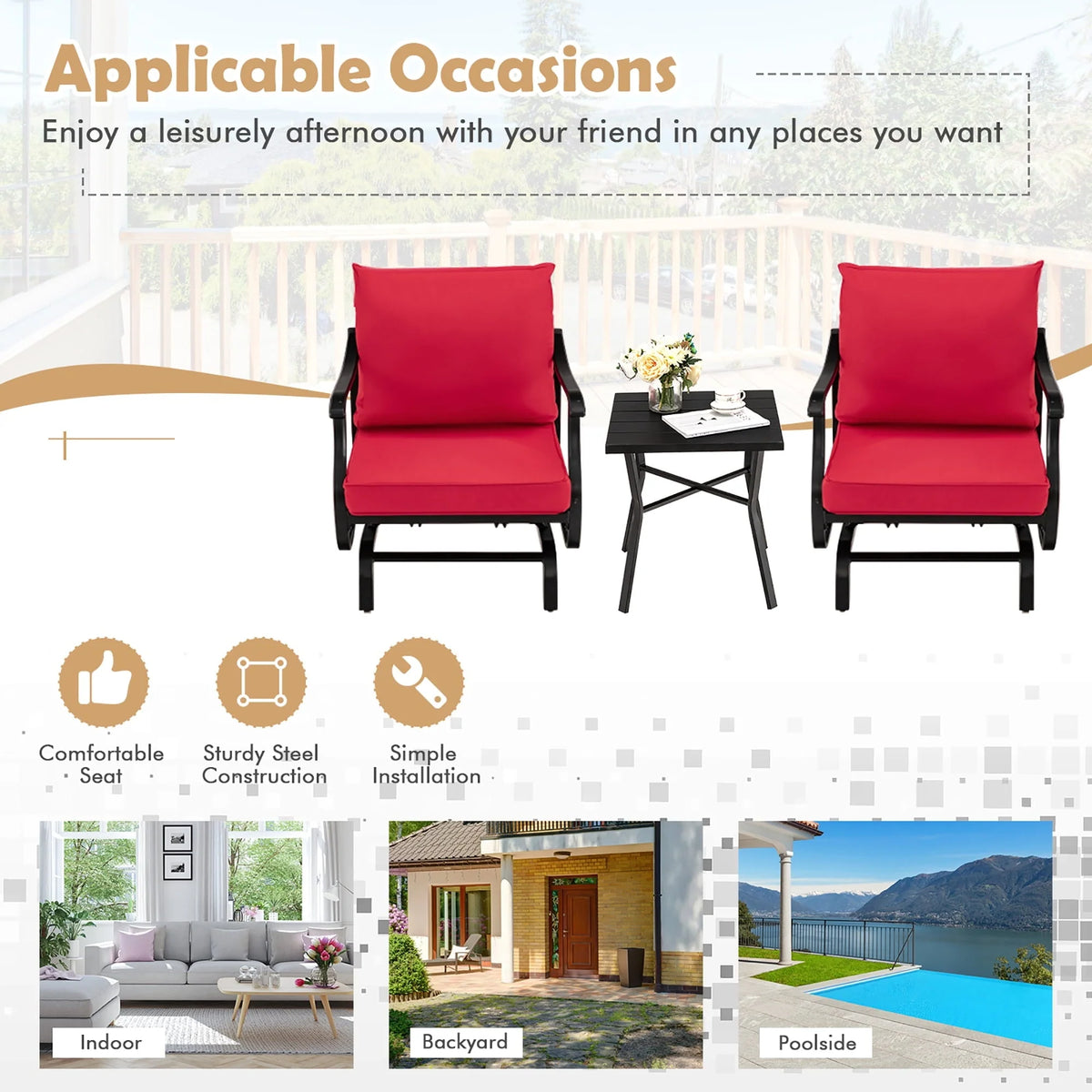 Costway 3PCS Patio Rocking Bistro Set Cushioned Chair Armrest Side Table Red
