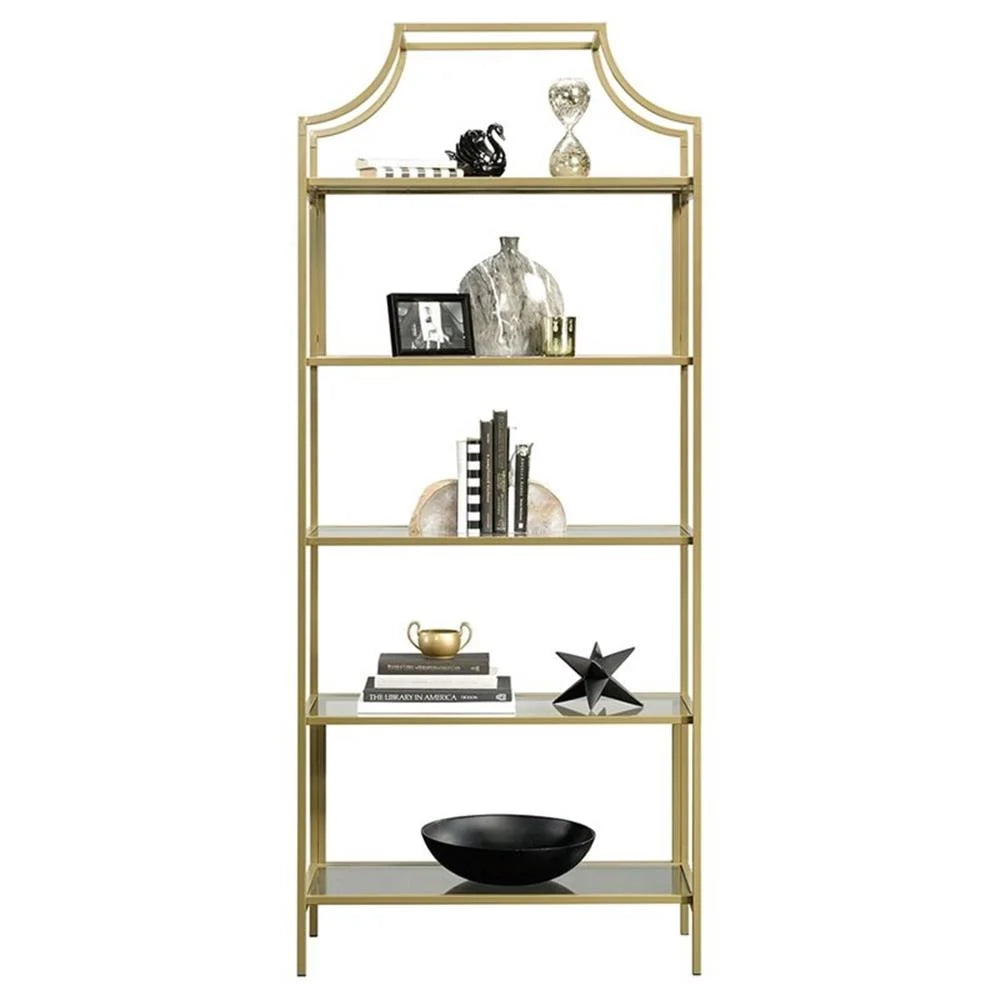 Pemberly Row 5-Shelf Modern Metal Bookcase in Gold Satin/Faux Deco Stone
