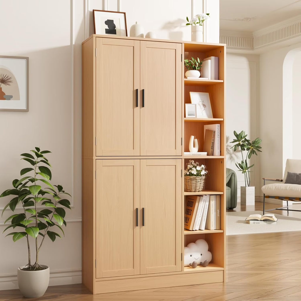 63" Tall Kitchen Pantry, Kitchen Pantry Cabinet with 4 Doors and Adjustable Shelves, Storage Cabinet for Dining Room, Laundry Room, Oak