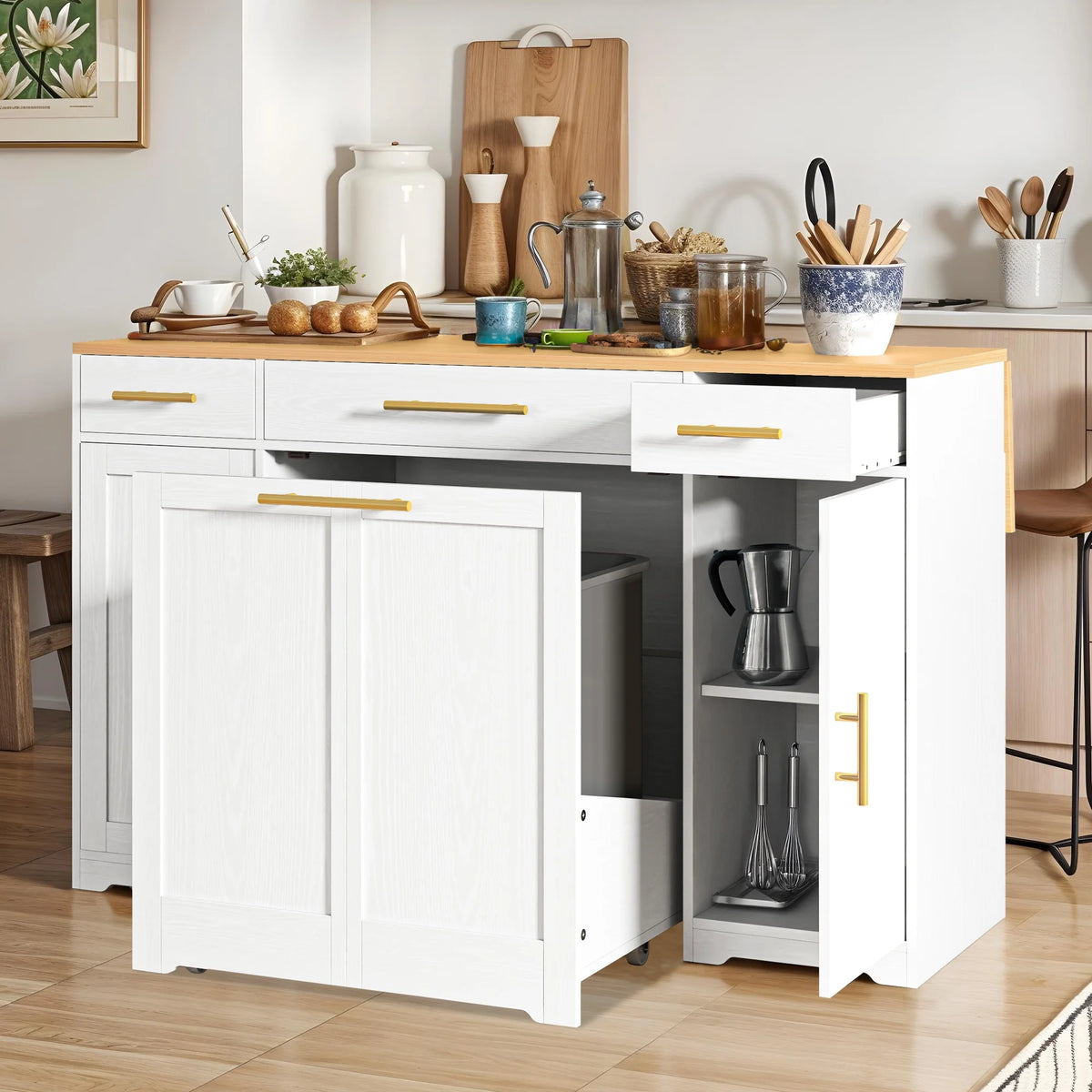 Uforic Kitchen Island with Drop Leaf & Wheels, Island Table with Trash Storage Cabinet, Black