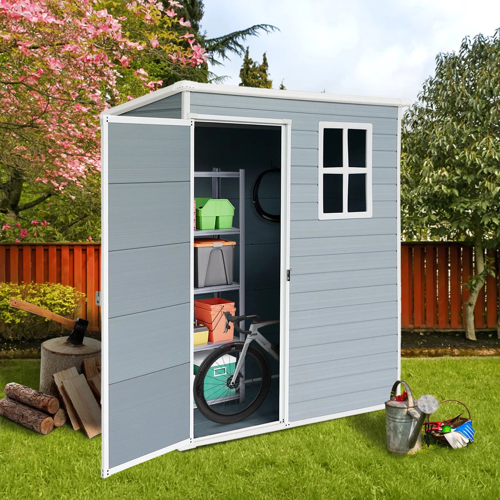 5'��3' Outdoor Storage Shed, Resin Storage Cabinet, Garden Tool Shed with Double Lockable Doors, Organizer Cabinet for Patio Yard, Gray