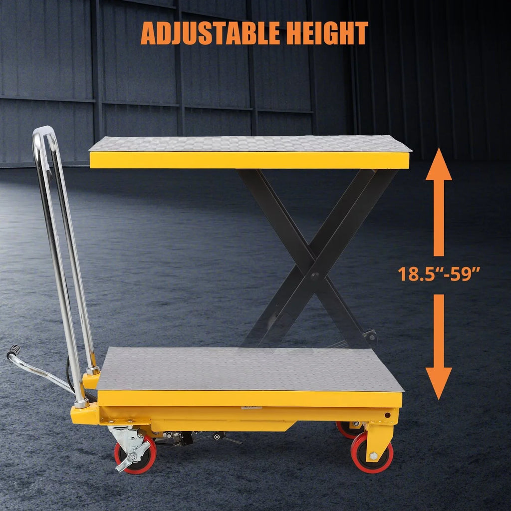 Hydraulic Lift Table Cart, 500lbs Capacity 59" Lifting Height, Single Scissor Lift Table Cart with 4 Wheels and Non-Slip Pad, Manual Elevating Cart for Material Handling Transportation